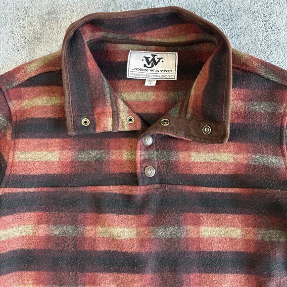 JOHN WAYNE SUPPLY‎ MENS RED BLACK PLAID SNAP PULLOVER FLEECE S - Picture 3 of 6